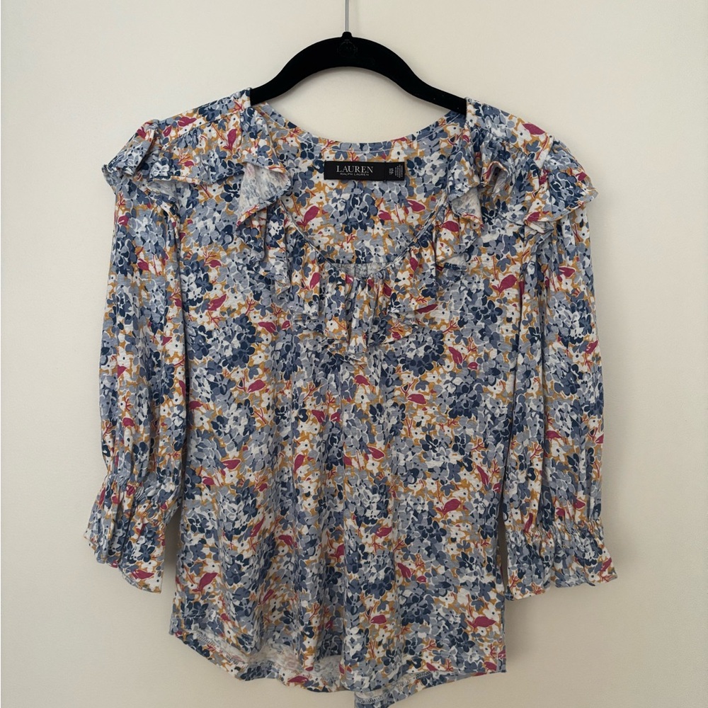 Ralph Lauren Floral Ruffle Peasant Blouse in Blue, Pink, Yellow